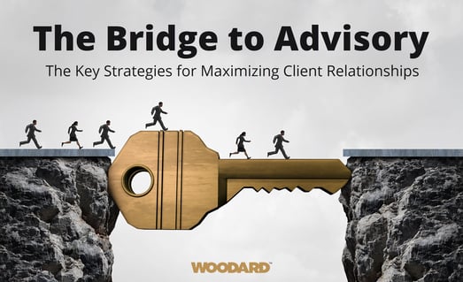 People are walking across a bridge where the bridge is in the shape of a key. Text reads The Bridge to Advisory The Key Strategies for Maximizing Client Relationships