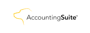 A yellow brush stroke outlines a dog's profile followed by the name 'accountingsuite'