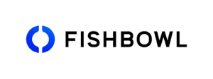 A deep blue circle with small cuts in the top and bottom followed by the word 'fishbowl'