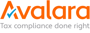 A thick orange font spells out 'Avalara' and has an aqua green check mark in the middle of the first 'a'