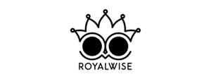 A blue box with an owl outlined in thin white lines above the word, also in white text, 'royalwise'