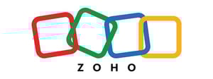 4 building blocks colored red, green, blue, yellow have white text on each that spells out 'zoho'