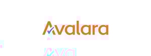 A thick orange font spells out 'Avalara' and has an aqua green check mark in the middle of the first 'a'