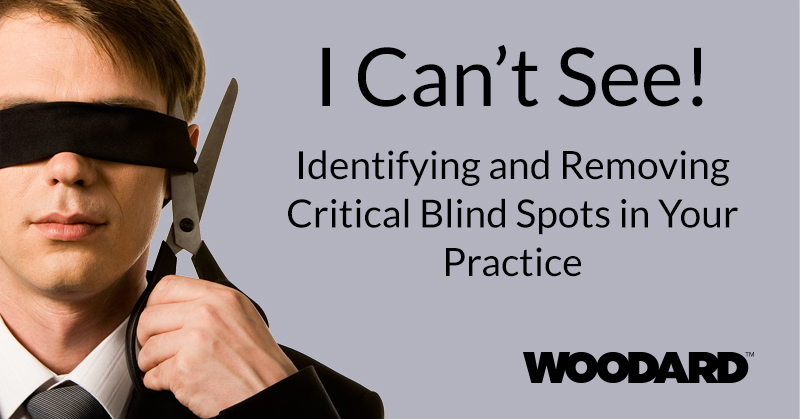 A man in a suit with a blindfold holding scissors about to cut the blindfold. Text reads 'I can't see. Identifying and removing critical blind spots in your practice.