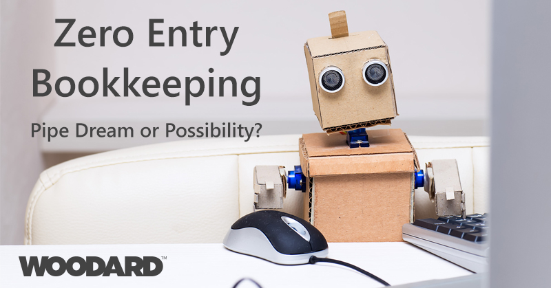 A very adorable but also sad robot made out of cardboard at a desk. Text in graphic reads 'Zero Entry Bookkeeping, pipedream or possibility?'